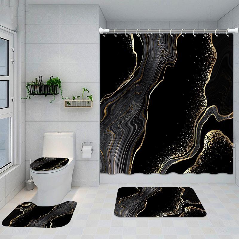 Marble Pattern Bathroom Set, 4 Counts/set Including Waterproof Bath Curtain with 12 Hooks & U-shaped Mat & Toilet Cover Mat & Rectangle Mat, Bathroom Accessories for Home Hotel Salon