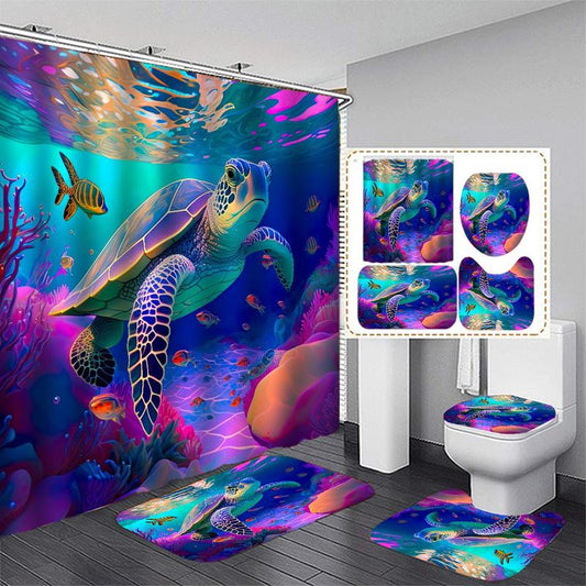 Colorful Turtle Pattern Bathroom Decor Set, 4 Counts/set Including Shower Curtain, Toilet Lid Mat, Bathroom Mat & Toilet Lid Cover, Waterproof Bathroom Decor Supplies, Bath Rug, Bathroom Accessories, Boyfriend Gifts, Fall Gifts