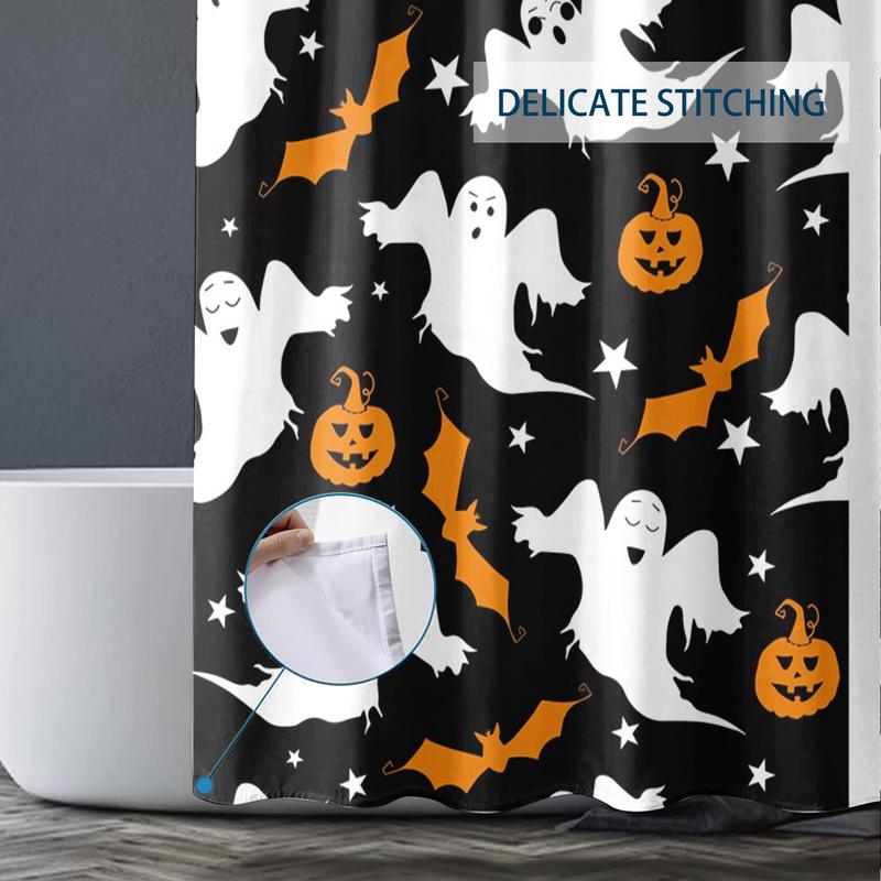 Halloween Ghost and Pumpkin Pattern Bathroom Decor Set, Shower Curtain Sets, 1 Waterproof Shower Curtain & 1 Bathroom Rug & 1 Toilet U-shape Mat & 1 Toilet Lid Cover Pad, Bathroom Accessories