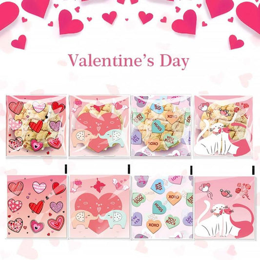 Heart-shaped Pattern Gift Bags, 100pcs Transparent Self-adhesive Candy Bags, Square Creative Cookie Packaging Bags for Parties, Anniversary Wedding Romantic Decorations, Unique Gifts Ideas