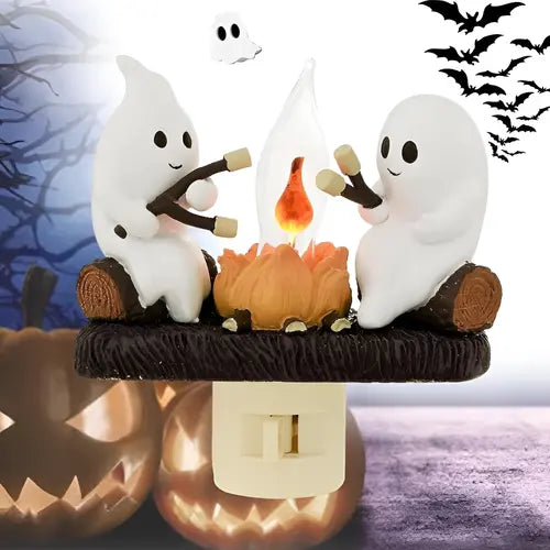 Ghost Campfire Flickering Night Light, Ghosts Campfire Flicker Flame Halloween Nightlight, 3D LED Small Electric Faux Campfire Night Light, Halloween Nightlight Indoor Decorations