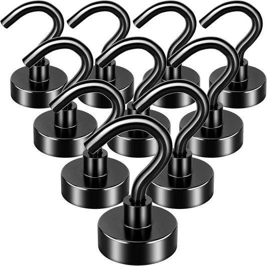 "24-HOUR SALE" 10 Pack Black Magnetic Hooks, 25lbs Neodymium Magnet Hooks for Hanging, Strong Magnetic Hooks Magnet with Hooks for Home, Kitchen, Office, Warehouse, School