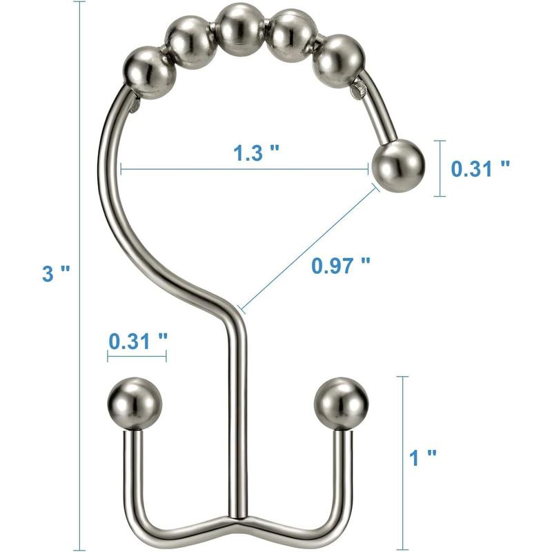 Shower Curtain Hooks Rings, Double Sided Shower Hooks Rust Proof for Bathroom Shower Rods Curtain, Durable Stainless Steel Bathroom Shower Curtain Hangers, Brushed Nickel, Set of 12