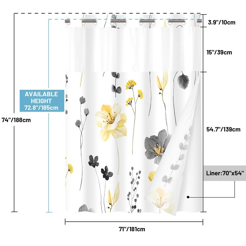 WITHLOC No Hook Shower Curtain with Snap in Liner - Watercolor Floral Shower Curtain - Fabric Waterproof Inner Liner, Plants Flowers White Cloth Shower Curtains Washable, 71 x 74 Inch/71 x 86 Inch