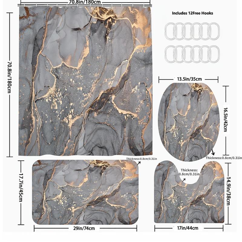 Marble Pattern Bathroom Set, 4 Counts/set Including 1 Decorative Bath Curtain & 1 Toilet Lid Mat & 1 U-shaped Mat & 1 Bath Mat, Bathroom Gadgets 2024, Bathroom Decor Set