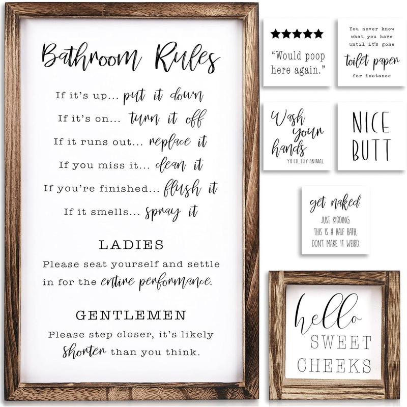 Farmhouse Bathroom Decor Set of 2 - Funny Interchangeable Wall Signs That Will Bring a Good Laugh To Your Bathroom - Rustic Wooden Picture Frames with Unique Sayings Are For Your Home,  Halloween, Easter, Christmas Gifts Hanging Ornaments anti climb paint