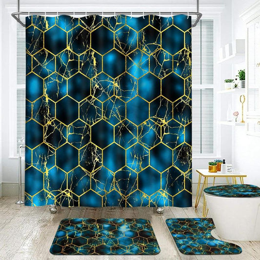 Blue Shower Curtain Sets with Non-Slip Rugs, Toilet Lid Cover and Bath Mat, Modern Marble Bathroom Decor Sets Gold Geometric Honeycomb Shower Curtains for Bathroom Waterproof Print