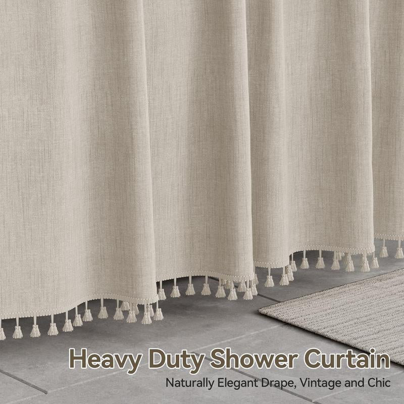 AmazerBath Shower Curtain, Natural Linen Farmhouse Shower Curtain with 3 Side Beige Tassel, Modern Fabric Shower Curtain Boho for Neutral Country Bathroom, 72"x72"