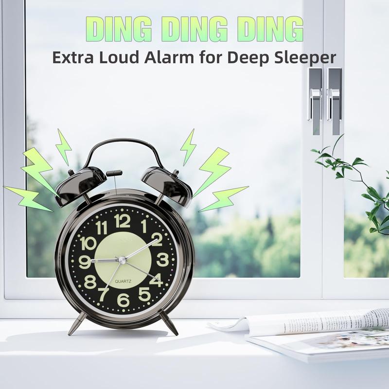 Loud Alarm Clock for Heavy Sleepers Adults, Silent Non Ticking Analog Clock with Backlight, Luminous Dial, Battery Operated Alarm Clock for Bedroom, Included Battery, Black Decor Metal