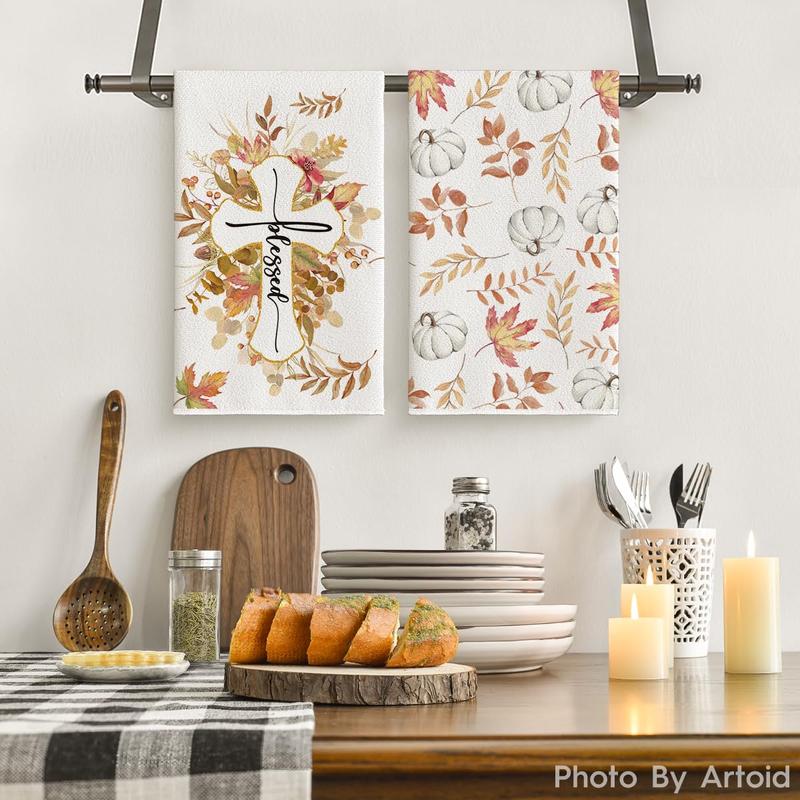 Maple Leaves Pumpkin Fall Kitchen Towels Dish Towels, 18x26 Inch Cross Blessed Thanksgiving Decoration Hand Towels Set of 2   Absorbent Household