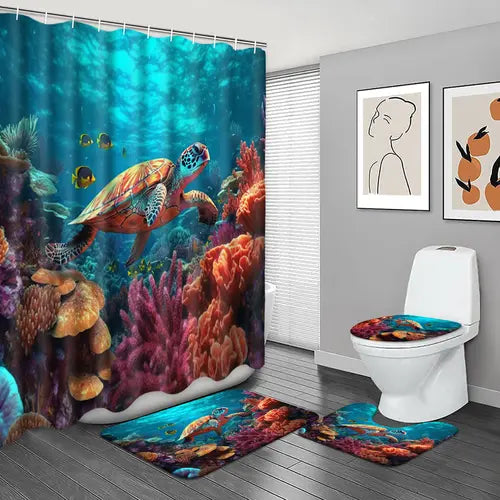 4 Pcs Bathroom Shower Curtain Sets, Polyester Shower Curtain Sets with Bath Rugs, Ocean Coral Reef Sea Turtle Pattern Bathroom Sets Shower Curtain and Rug Set