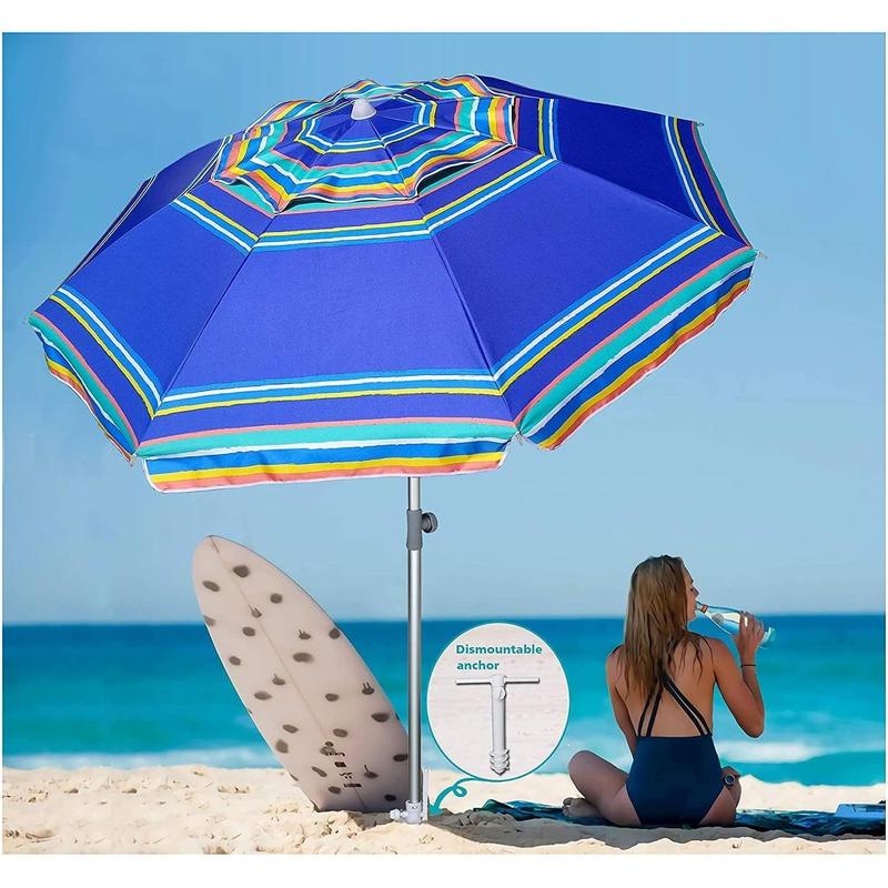 7ft Heavy Duty High Wind Beach Umbrella Parasols with sand anchor &amp; Tilt Sun Shelter,  Protection Outdoor Sunshade Umbrellas Carry Bag for Patio Garden Pool Backyard Stripe Blue