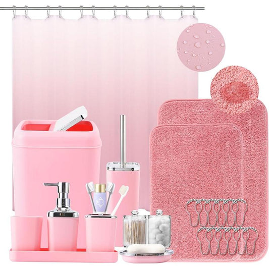 Bathroom Accessory Set-Bathroom Sets with Shower Curtain and Rugs, Non Slip Bathroom Rugs Super Absorbent, Pink Ombre Waterproof Shower Curtain with Hooks, Pink Bathroom Sets Complete for Home