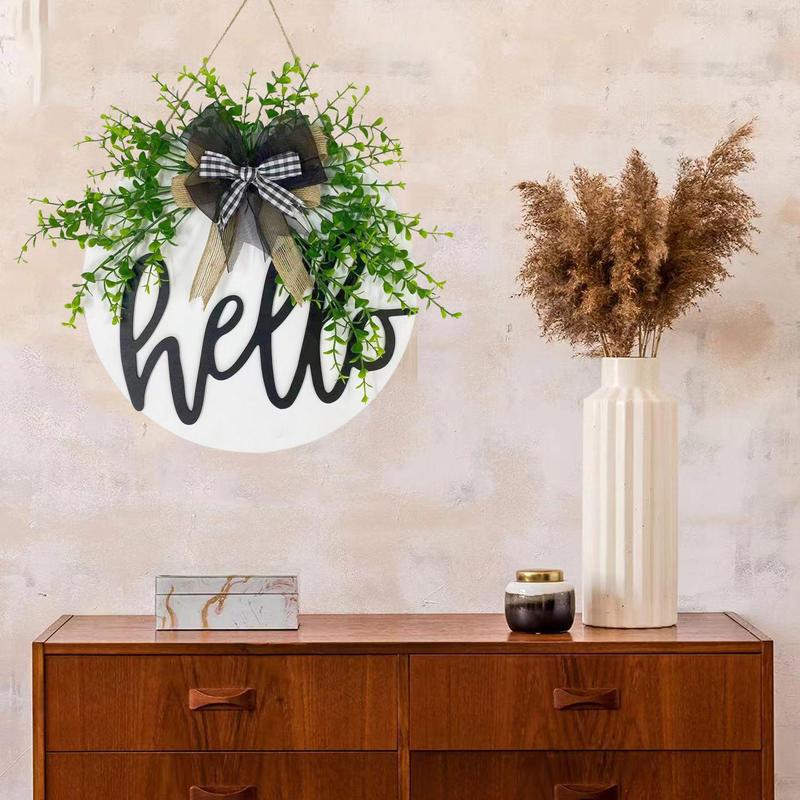 Wooden Hello Pattern Decoration (1 Piece), Circle Wooden Bow Decor Hanging Wall Art For Home Farmhouse Porch Decoration