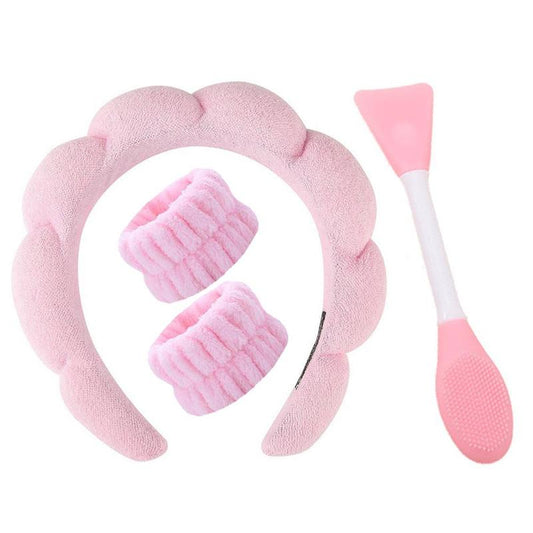 Skincare Tool(4pcs/set), Double-ended Facial Cleansing Brush, Face Scrubber, Soft Wristband & Cloud Headband, Face Wash Tool for Women & Girls