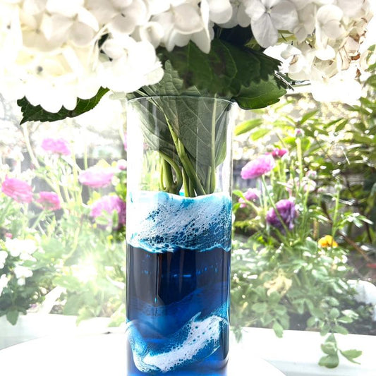 10 inch tall glass vase ocean inspired painted with resin Decor Decorative