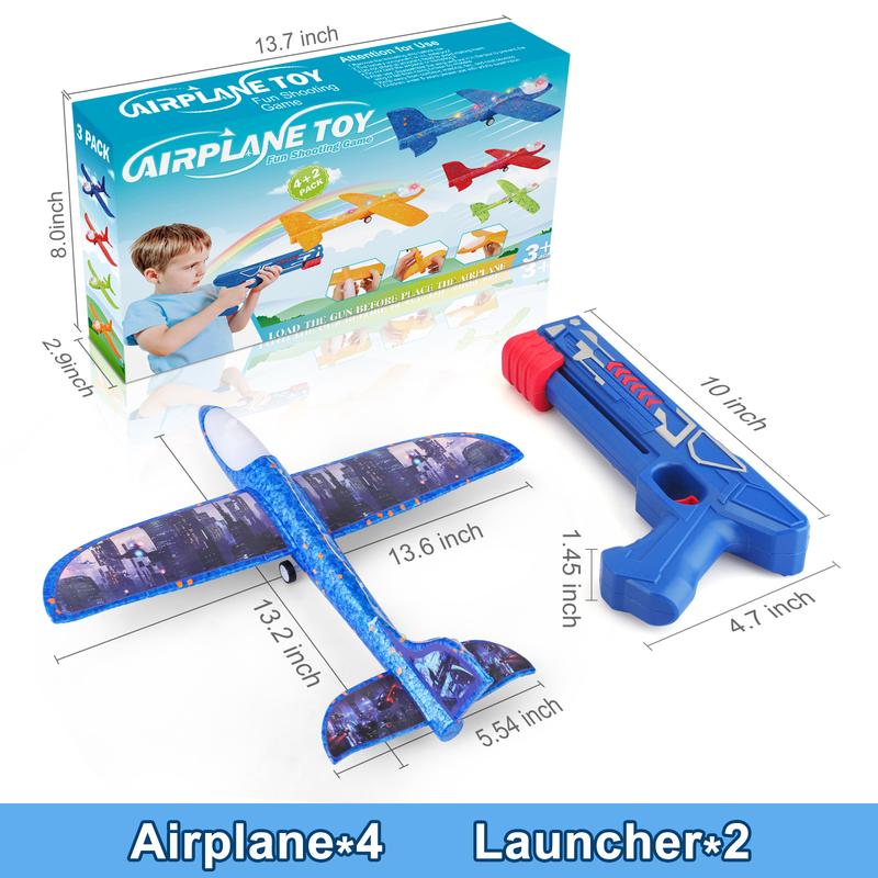 4+2 Aircraft Launcher Toys, 4 LED Foam Glider Planes with Stickers and 2 Launchers, Outdoor Flying Toys, Birthday Gifts for Boys Girls Aged 4-8