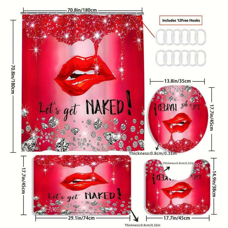 Letter & Lip Pattern Bathroom Set (4 Counts) Including 1 Count?Waterproof Shower Curtain (with 12 Hooks), 1 Count?Toilet Lid Cover, 1 Count?Rectangular Mat & 1 Count?U-shaped Mat, Bathroom Accessories