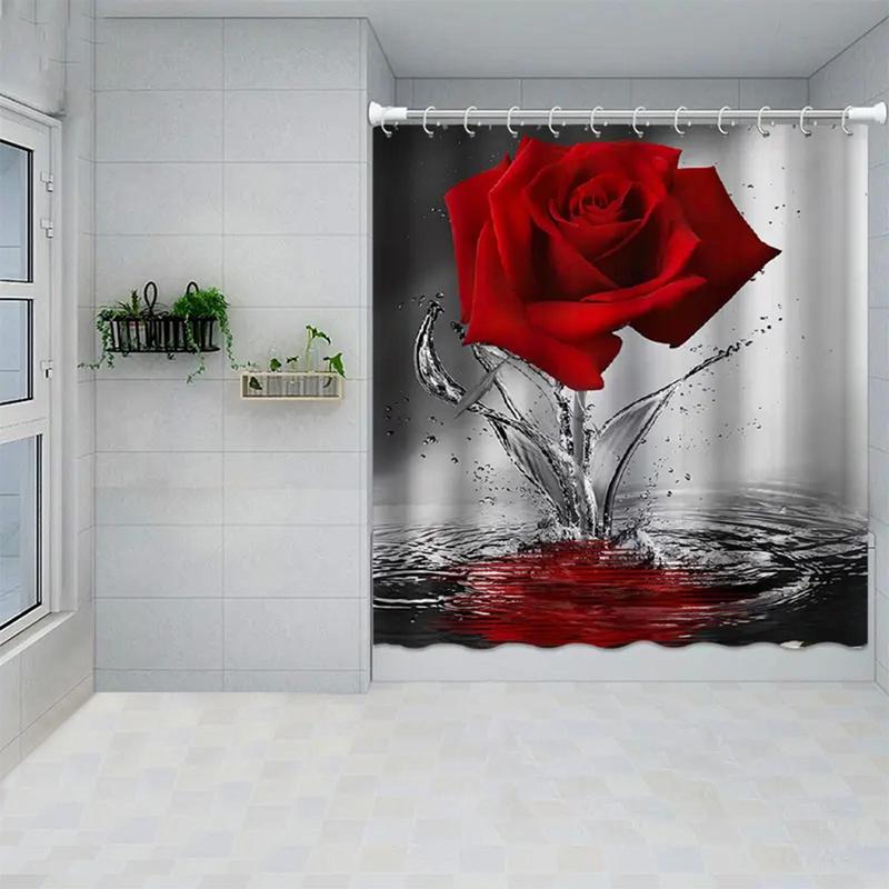 Rose Pattern Shower Curtain, 1 Count Waterproof Shower Curtain With Hook, Bathroom Decoration Supplies