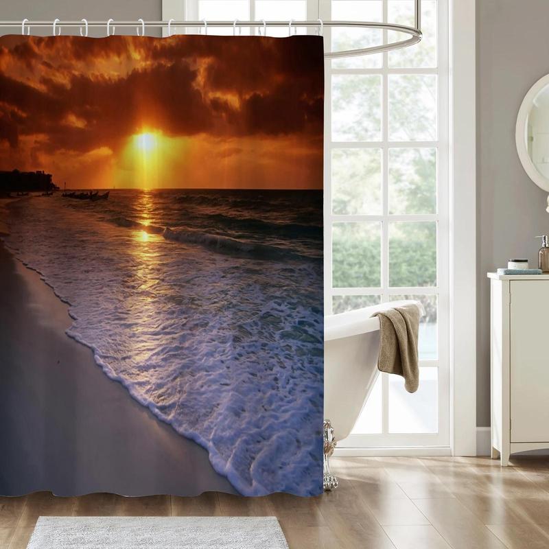 Romantic?Sunset Beach Pattern Shower Curtain, Waterproof Bathroom Curtain with Hooks, Bathroom Accessories, Home Decoration