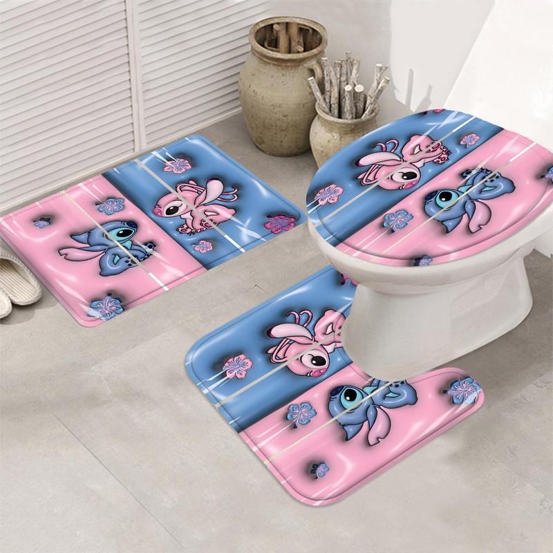 Cartoon Stitch Pattern Bathroom Curtain with 12 Hooks, Anti-slip Bathroom Carpet, U-shaped Toilet Mat, Toilet Cover Mat, Bathroom Decor, Bathroom Supplies, Trending Home Decor 2024