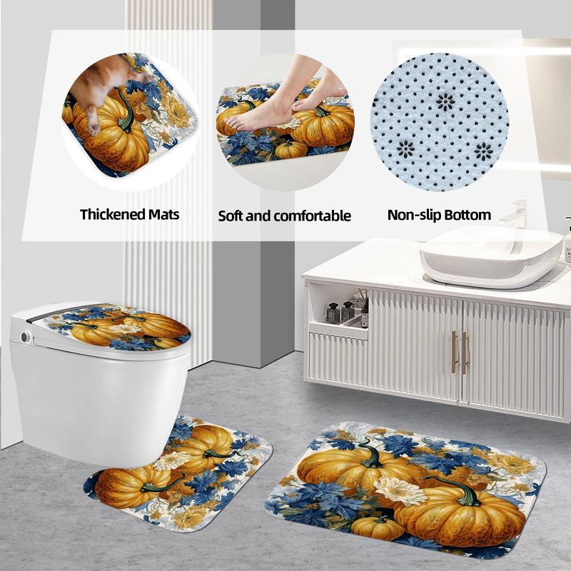 Pumpkin Pattern Bathroom Decor Set, 4 Counts/set Non-slip Bathroom Mat & Shower Curtain with 12 Hooks, Halloween Bathroom Decor, Bathroom Accessories