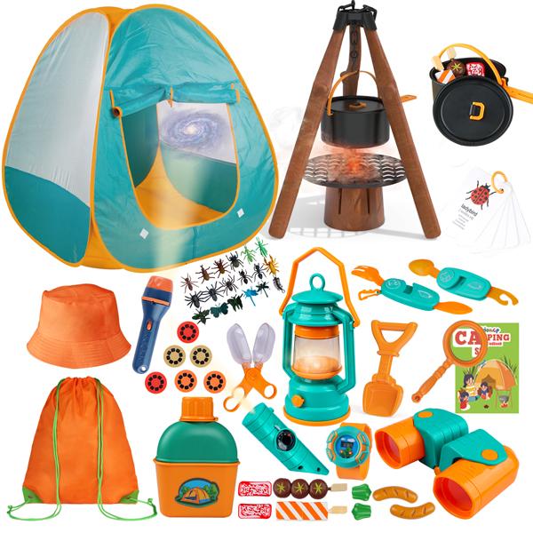 Qtioucp Kids Camping Set 50pcs with Tent & Space Projector , Pretend Play Camping Tools for Kids