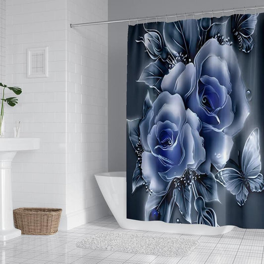 Rose & Butterfly Pattern Shower Curtain, Waterproof Bathroom Curtain with 12pcs Hooks, Bathroom Supplies for Home Decor