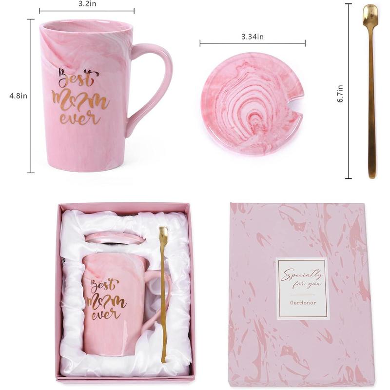 Mom Coffee Mug,  Mom Ever Mug, 16 Oz Coffee Cup With Exquisite Box Packing Spoon, Pink Ceramic Marble Mothers Funny Ideas Mug, Pregnancy Birthday Valentine Christmas Gift