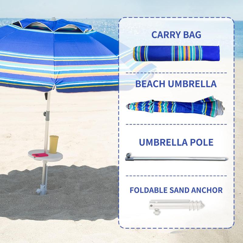 7ft Heavy Duty High Wind Beach Umbrella Parasols with sand anchor &amp; Tilt Sun Shelter,  Protection Outdoor Sunshade Umbrellas Carry Bag for Patio Garden Pool Backyard Stripe Blue