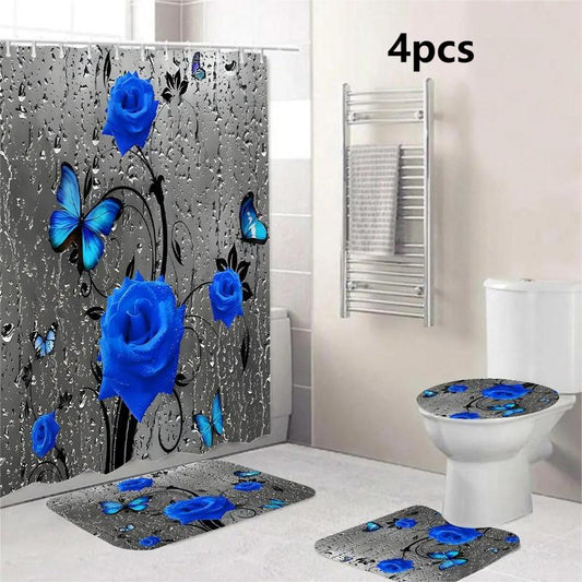 Rose & Butterfly Pattern Bathroom Supplies, Shower Curtain with 12 Hooks/ Rectangle Bath Mat/ U-shaped Toilet Mat/ Toilet Lid Cover, Bathroom Accessories