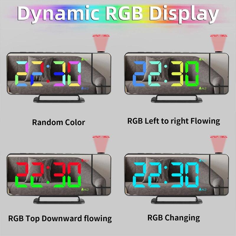 RGB?Mirror Projection Clock, USB Powered Creative Six Levels Of Brightness Adjustable Digital Alarm Clock, Automatic Photosensitive Function Alarm Clock with RGB?Screen for Home Bedroom