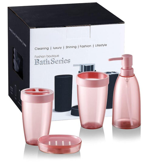 4Piece Decor Sets Plastic Accessories Bathroom , Toothbrush Holder, Toothbrush Cup, Soap Dish, Soap Dispenser (Pink)