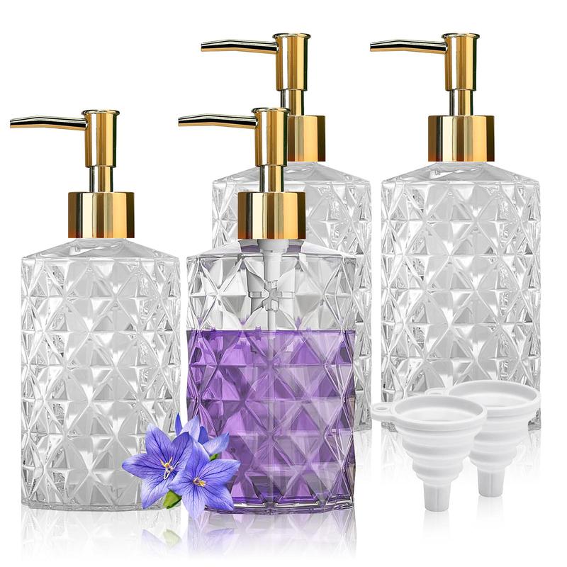 Glass Soap Dispenser Set, 6 Counts/set Including 4 Counts 330ml Soap Dispensers & 2 Counts Pouring Funnel, Bathroom Supplies for Home Hotel