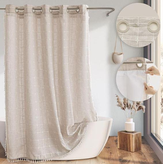 Farmhouse Shower Curtain with Snap-in Liner,No Hooks Needed,Boho Fabric Shower Curtains with Tassels for Rustic Neutral Bathroom Decor,with Magnets,Water Repellent&Machine Washable,Grey,71x74Inch,New Year gifts