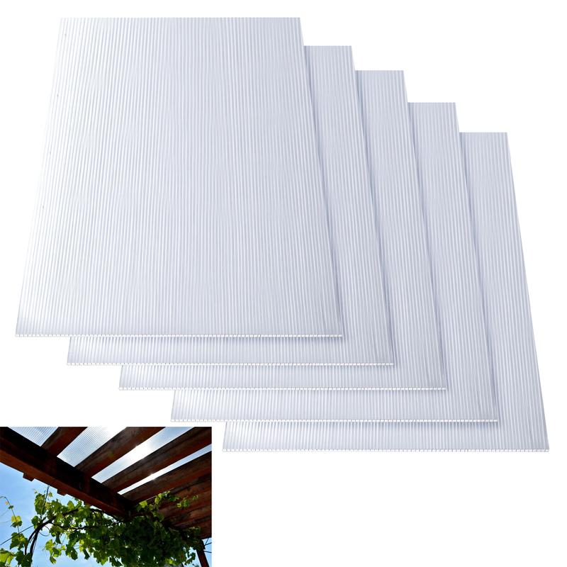 5 Pack Polycarbonate Greenhouse Panels Polycarbonate Sheets Twin-Wall Roof Panels Waterproof UV Protected Clear Corrugated Plastic Roofing for Greenhouse Replacement (4' x 2' x 0.16'')