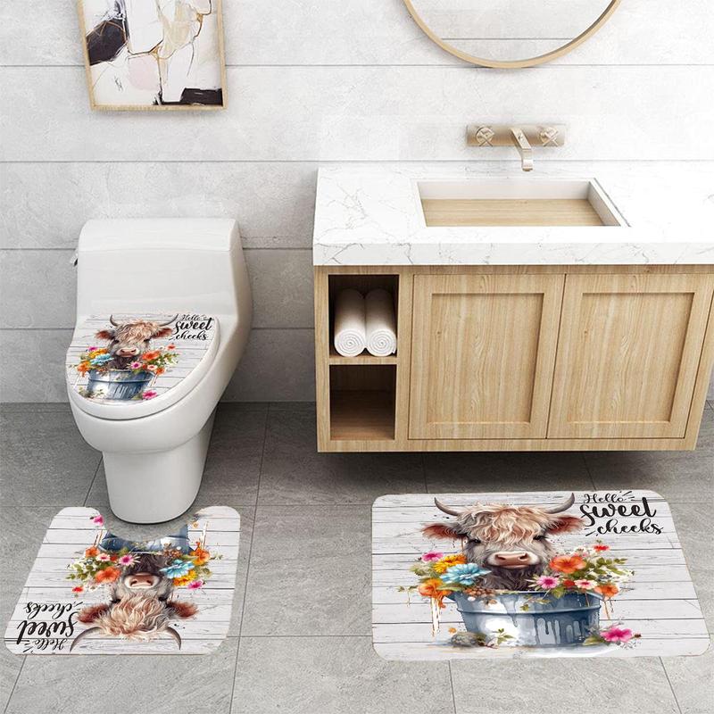 Cow & Flower Pattern Bathroom Set, 4 Counts/set Cute Cow & Flower Pattern Bathroom Curtain & Toilet Lid Mat & Bathroom Rug, Bathroom Accessories Set, Home Decor, Home Accessories, Room Decor Set