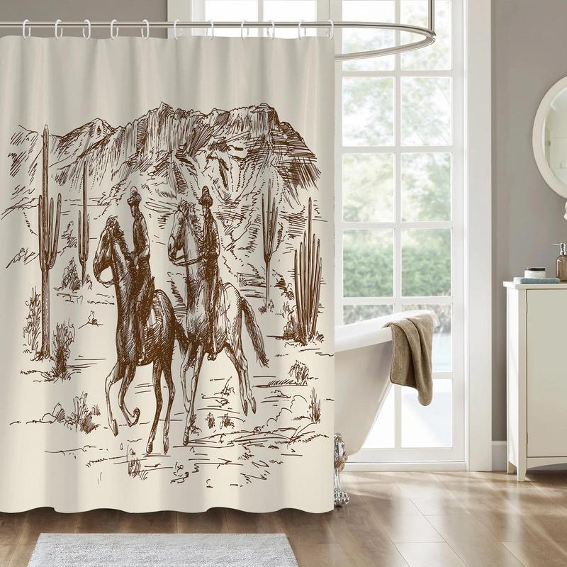 Western Cowboy Pattern Shower Curtain, 1 Count Horse Print Waterproof Shower Curtain with 12pcs Hooks, Decorative Bathroom Accessories for Home Salon Dormitory Hotel