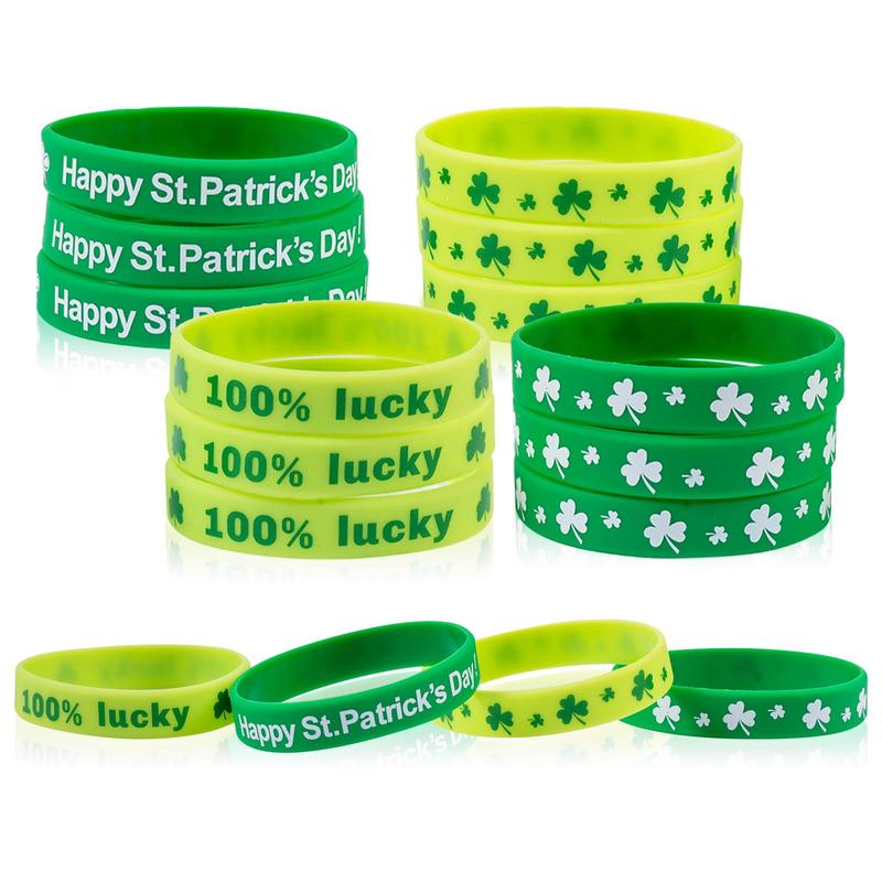 Rubber Wristband, 24pcs Lucky Shamrock?Leaf Clover Pattern Bracelet Set, Party Decoration Supplies for Gifts Festive, Party Favors, Spring Ornaments