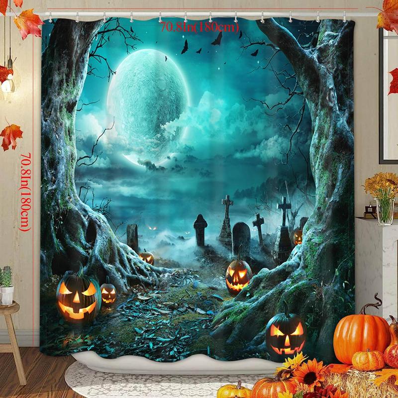 Halloween Theme Pumpkin & Moon & Grave Pattern Shower Curtain, 1 Count Waterproof Bathroom Curtain with 12pcs Plastic Hooks, Home Decor Supplies, Halloween Decoration