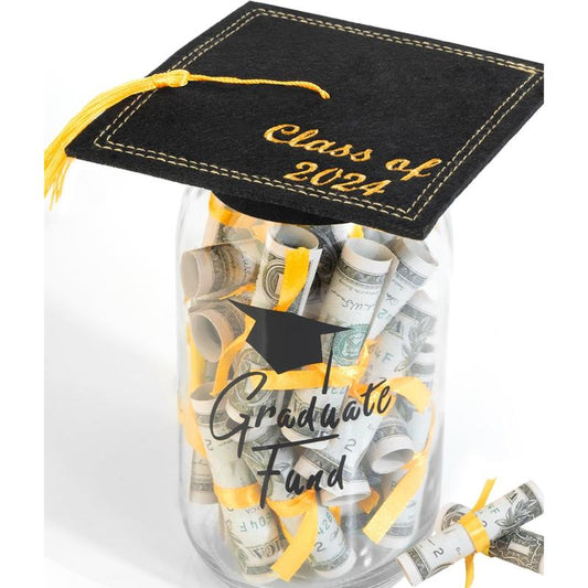 Graduation Gifts 2024 - DIY Graduation Mason Jar - Embroidery Filled with Money & Class of 2024 Cap Kit - Graduation Centerpieces Congrats Decorations Party Supplies for Him Her Women Men College High School