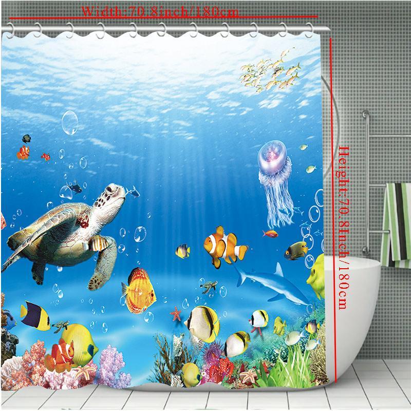 Cartoon Sea Life Pattern Shower Curtain, Cute Bathroom Waterproof Curtain with 12pcs Hooks, Machine Washable Bath Curtain for Home Decor