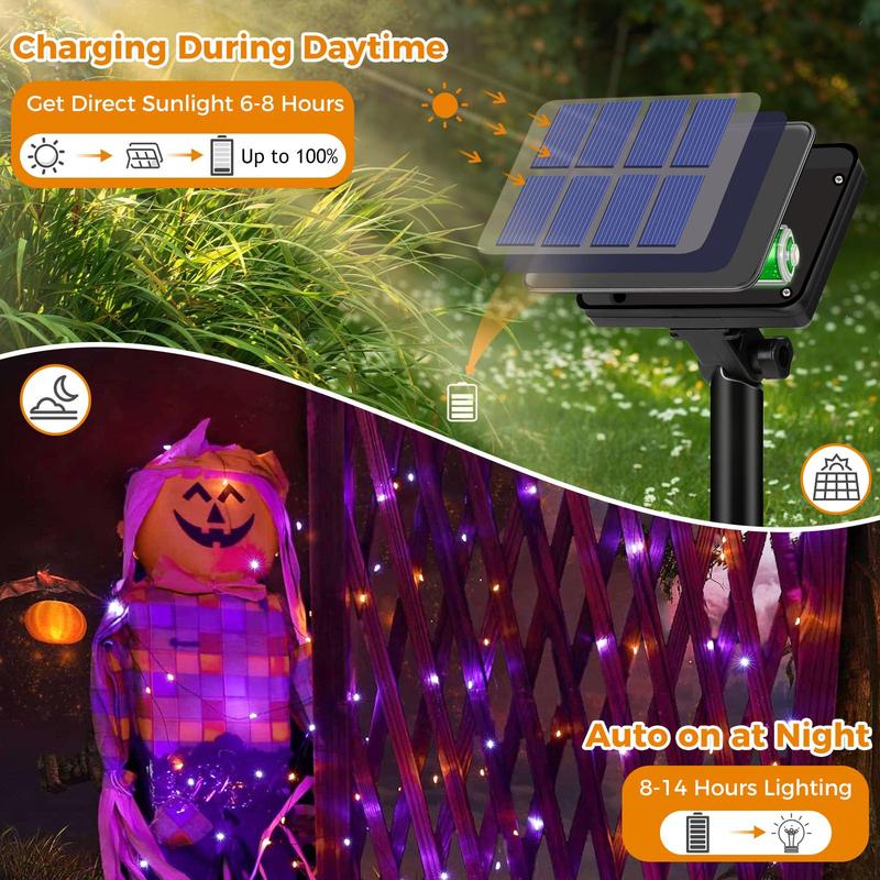 Happy Halloween!! 4 Pack Solar Halloween String Lights Outdoor, 320LED 132FT Orange Purple Solar Fairy Lights Outside Waterproof, 8 Modes Solar Powered Twinkle Lights for Tree Garden Patio Halloween Decorations