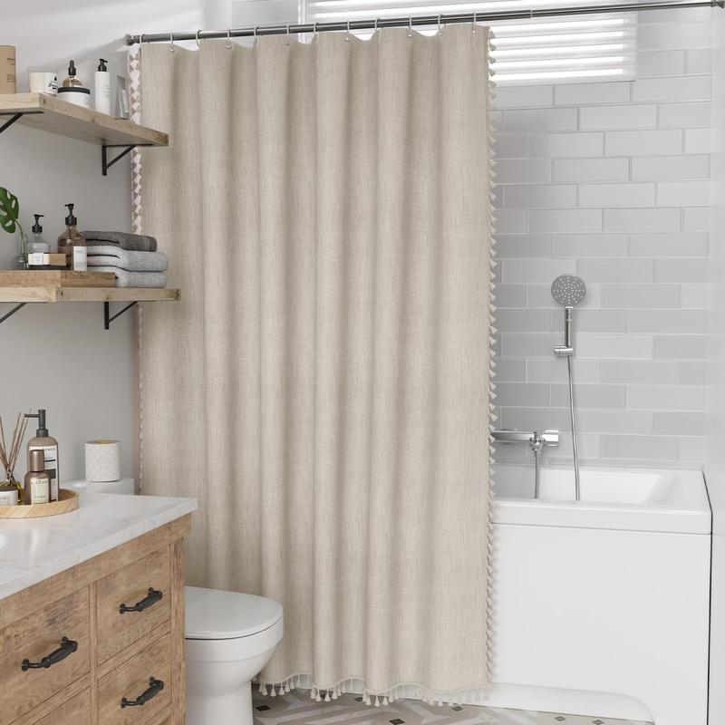 AmazerBath Shower Curtain, Natural Linen Farmhouse Shower Curtain with 3 Side Beige Tassel, Modern Fabric Shower Curtain Boho for Neutral Country Bathroom, 72"x72"