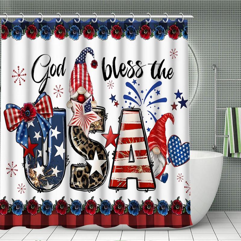 Independence Day Themed Bathroom Accessories, Shower Curtain Set, Letter & Star Pattern Bathroom Curtain & Toilet Mat, Bathroom Decor Supplies