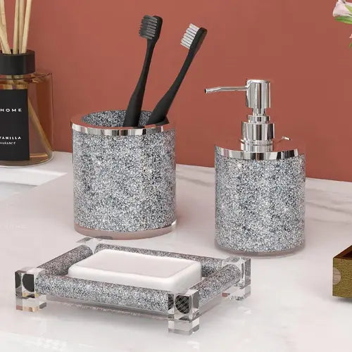 SHYFOY Bathroom Accessories Set, 3 Piece Silver Crystal Crushed Diamond Glass Bath Restroom Set Vanity Organizer