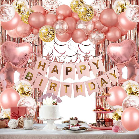 Birthday Party Decoration Kit, Happy Birthday Backdrop, Decorative Party Decor, Rose Gold Fringe Curtain, Heart-shaped Confetti Balloon Set for Birthday Party [package List As Picture Shown]