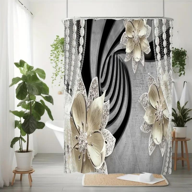 Floral Bead String Pattern Bathroom Decor Set, 4 Counts/set Including Shower Curtain & Bath Mat & Toilet Mat & Toilet Lid Cover, Bathroom Accessories