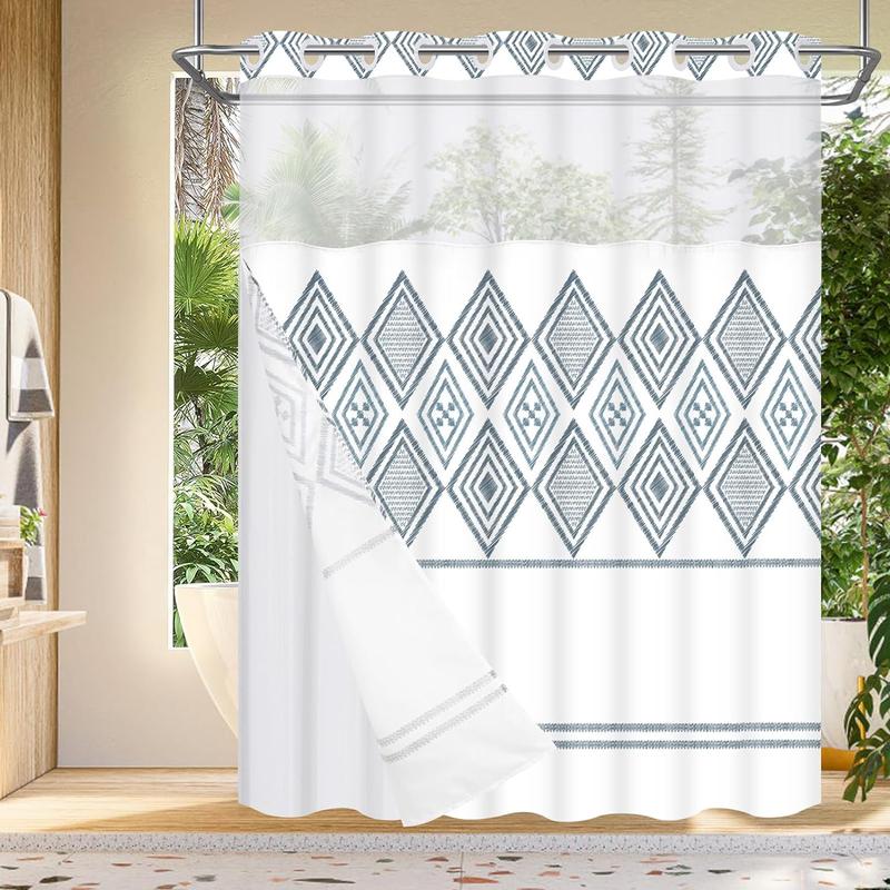 Machine Washable Hookless Shower Curtain | Green Botanical Elegance | Modern No-Hook Design with Built-In Liner for Easy Home Bathroom Decor