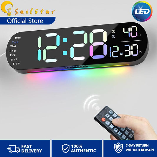 Digital Wall Clock with Remote Control, Auto-Dimming and 9 Colors, The Large Digital Clock Features a 13.7-In Wide Display Decor Set Rgb